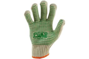 Перчатки Х/Б с ПВХ точкой р10 (белые+зеленый ПВХ мастер) СИЛА