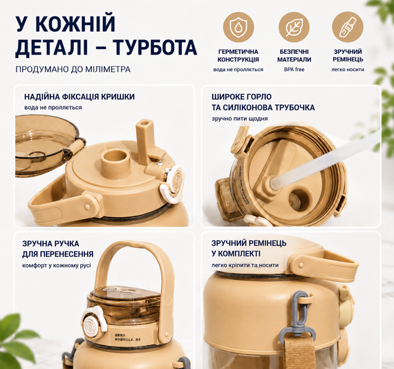 Детская бутылка для воды "Мишка" 1000 мл (1 л), коричневая, с трубочкой, ремешком и герметичной крышкой | Зображення 5