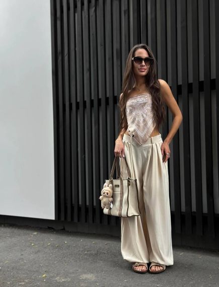 Жіночі широкі штани алладини-палаццо зі складками вільні колір бежевий, розмір M/L  AN511