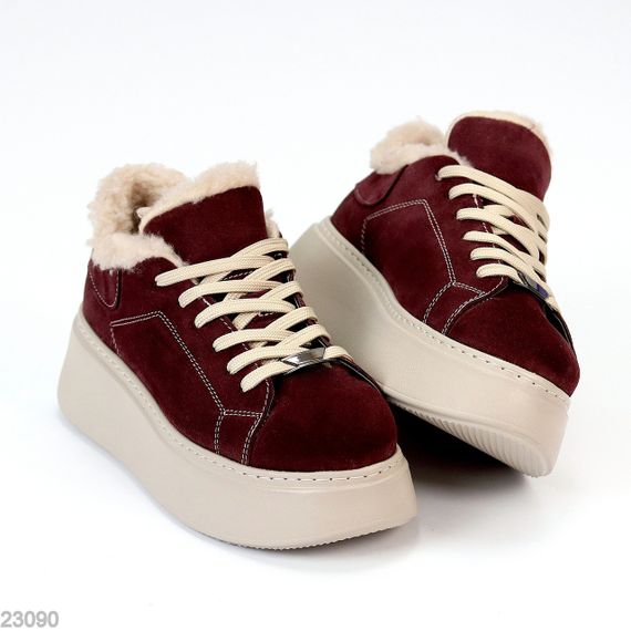 Бордовые зимние прошитые кроссовки натуральная замша на бежевой платформе | Зображення 4