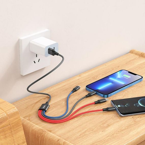 Кабель HOCO X76 USB to iP+Type-C+Type-C+Micro 2A, 1m, nylon, aluminum connectors Black+Red+Blue | Зображення 1