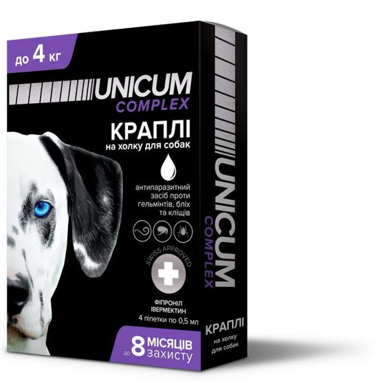 Капли от блох, клещей и глистов для собак до 4 кг Unicum Complex, 4 пип