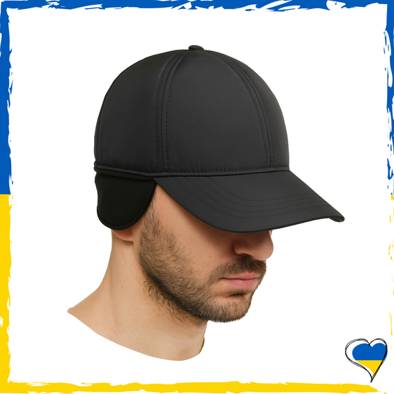 Кепка чоловіча на флісі з вушками. Зимова, осіння чорна 55-59р