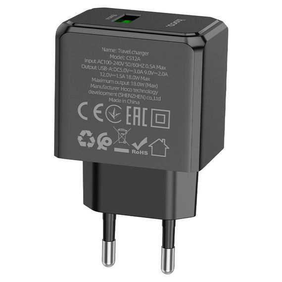 СЗУ 110-240V HOCO CS12A 1xUSB, 18W, Black, Blister | Зображення 2