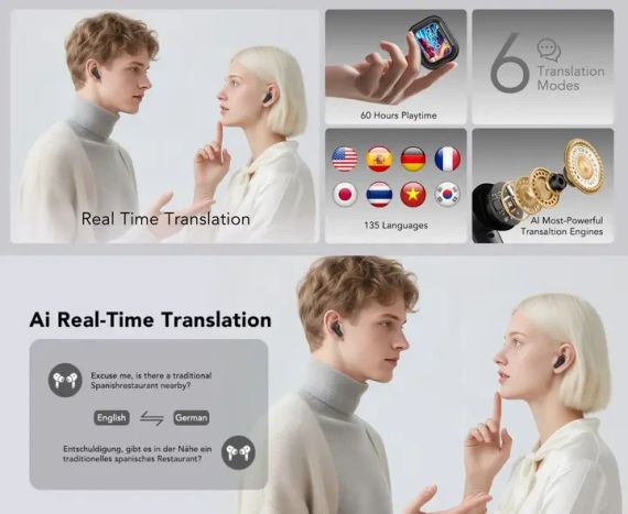 Бездротові навушники HTC NE20 AI з функцією переведення в режимі реального часу, Bluetooth V6.0 iPhone/Android, Black | Зображення 4