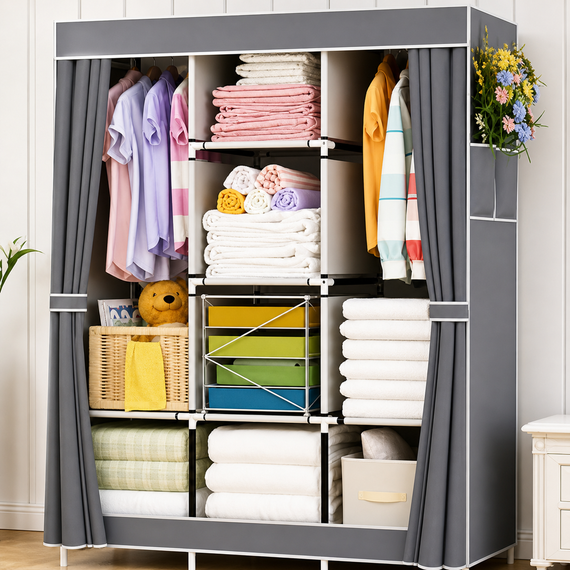 Универсальный тканевый шкаф для хранения вещей HCX WARDROBE NEW CL-128 / Складной органайзер для одежды 170х130х45см | Зображення 1