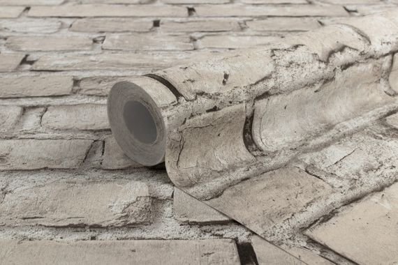 Обои под кирпич песочно-серые метровые обои в стиле лофт с шелкографией (1,06х10,05м) | Зображення 1