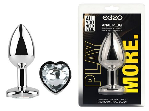Анальна пробка EGZO Silver Heart Plug Clear M із сріблястого металу, анатомічна Sex Aura