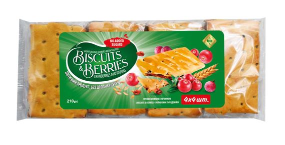 Печиво затяжне з начинкою BISCUITS  BERRIES журавлина та родзинки 210г (214199)