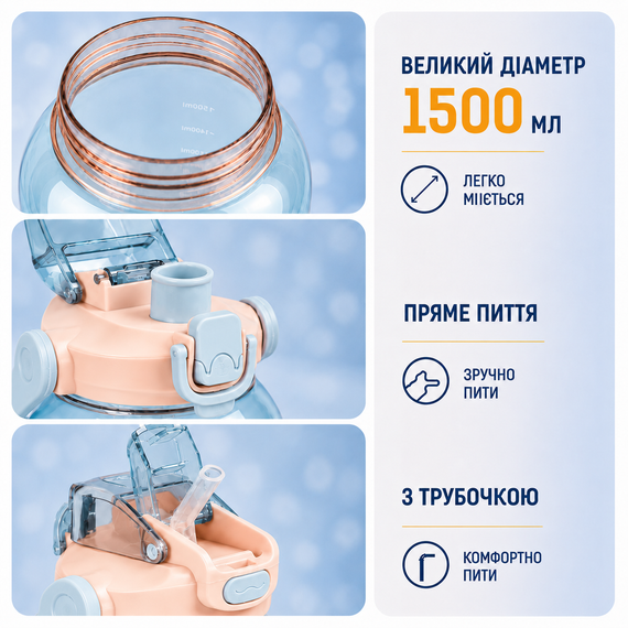 Спортивная бутылка для воды 1500 мл (1.5 л) с трубочкой и ремешком, Градиент Голубой | Зображення 2