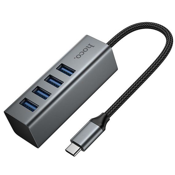 Перехідник HUB Hoco HB1C 4in1 (Type-C to 4xUSB 3.0) (0.2m) Metal gray | Зображення 2