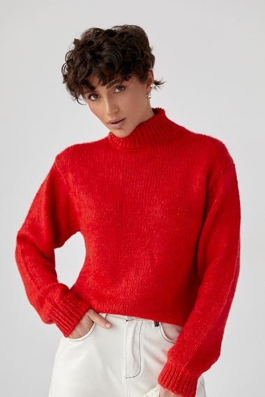 Короткий светр з горловиною-стійкою - червоний цвет, ONE SIZE (є розміри) | Зображення 3