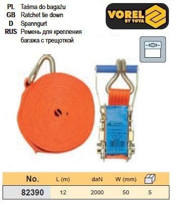 Ремінь ремінь кріплення багажу тріщатка гачок 5т 2000daN 50мм х 12м VOREL-82390