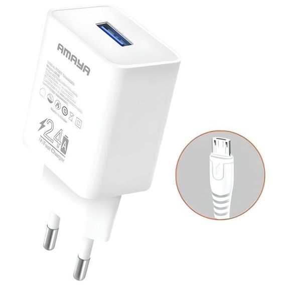 МЗП Amaya M3 2.4A (1USB-A) + кабель USB to MicroUSB White