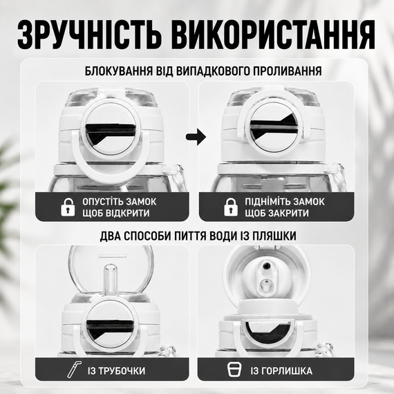 Спортивная эко-бутылка для воды 800 мл (BPA Free) с фильтром, соломинкой и ремешком Белая | Зображення 8