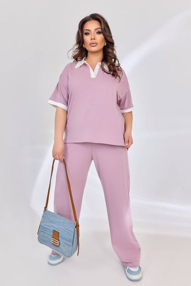 Женский легкий летний брючный костюм с футболкой, большие размеры и батал, SS172 цвет розовый, размер 48/50