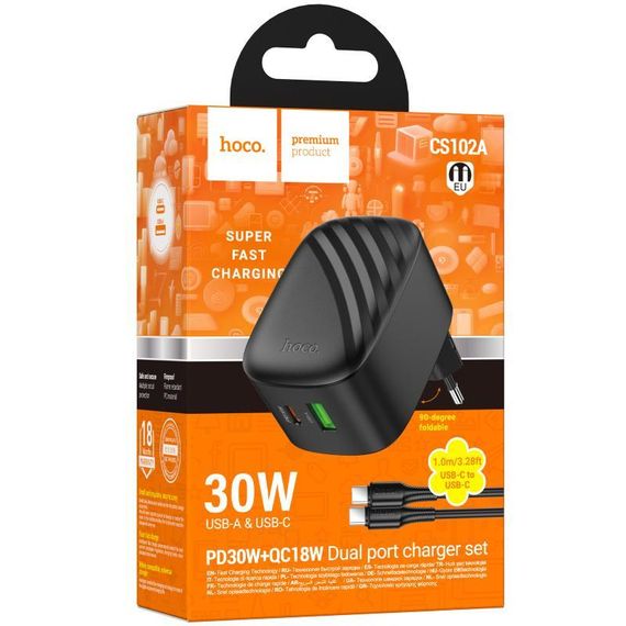 МЗП Hoco CS102A Folding PD30W+QC3.0 (1USB-A/1C) + кабель Type-C to Type-C Black | Зображення 3
