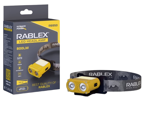 Ліхтар налобний Rablex RB950 з акумулятором та Type-C зарядкою (червоне + біле світло, комбіновані діоди, 2хXPL+16хCOB+1хRED COB)