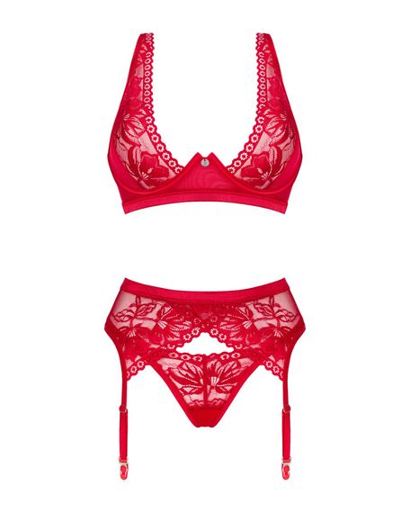 Комплект білизни Obsessive Lacelove cupless 3pcs set XS/S Red, бюстгальтер, стрінги, пояс для панчіх | Зображення 2