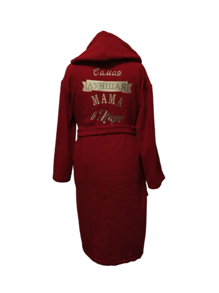 Халат жіночий з капюшоном махровий натуральний червоний з вишивкою 64 (00211)