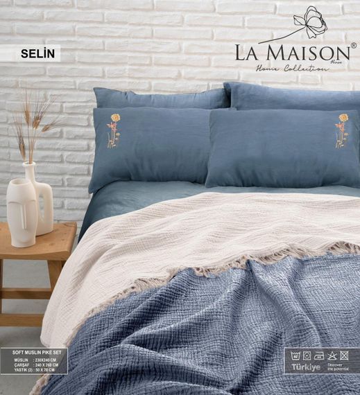 Комплект постільної білизни з пледом La Maison 230×240 Selin Mavi - Ekru
