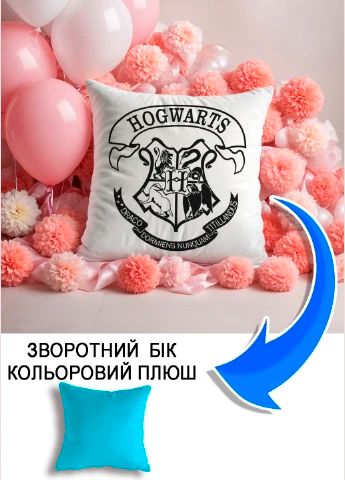 Подушка плюшева Мерч Крафт Дизайн з принтом Hogwarts 3-1 блакитний плюш квадратна 33х33 см