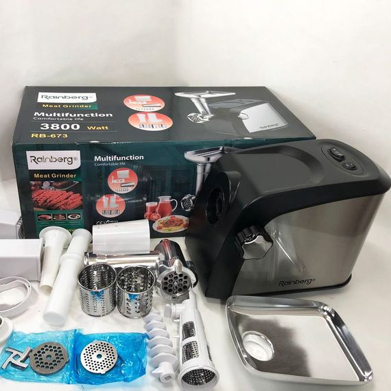 Електрична м'ясорубка Rainberg RB-673 із соковижималкою та шатківницею 9 насадок 3000W з реверсом | Зображення 4