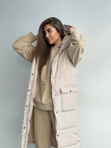Женский длинный теплый жилет с капюшоном DA377 цвет бежевый, размер 46/48 | Зображення 3