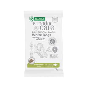 Лакомства Nature's Protection Superior Care White Dogs Hypoallergenic & Dental Care беззерновые  с белой рыбой для взрослых собак всех пород с белым окрасом шерсти 150 гр