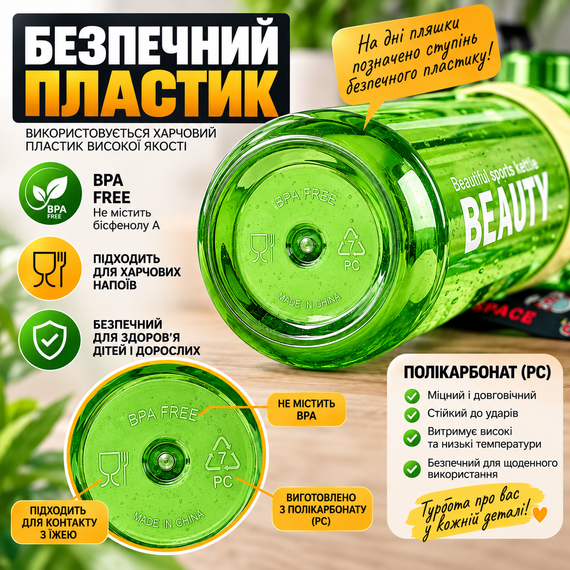 Пляшка Beauty 1500 мл для активного відпочинку з трубочкою та стильним ременем Салатова | Зображення 4