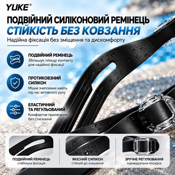 Набір для плавання YUKE: дзеркальні окуляри Anti-Fog із силіконовою шапочкою, чорні з чорним ремінцем | Зображення 6
