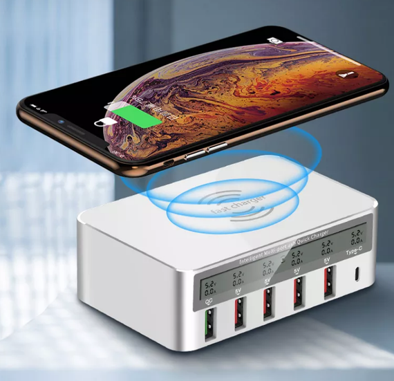 Зарядное устройство WLX-818F 1xUSB QC3.0 / 4xUSB / 1xType-C / беспроводная зарядка Qi 10W / 50W (Max) - White | Зображення 8