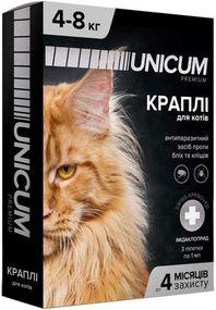 Капли от блох и клещей для котов весом 4-8 кг Unicum premium, 3 шт