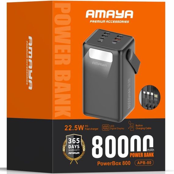 Портативний ЗП Power Bank Amaya APB-80 22.5W flashlight with cable 80000 mAh Black | Зображення 1