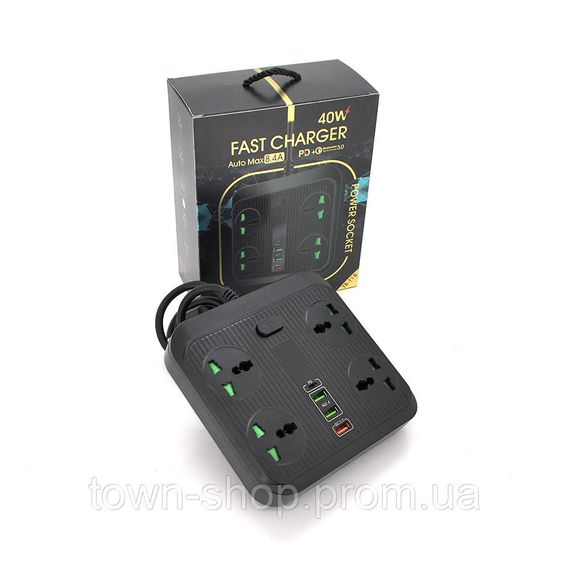 Сетевой фильтр TB-Т18, 4 розетки + 2 USB+ PD, 2 м, сечение 3х0,75мм, 3000W, Black, Box | Зображення 1