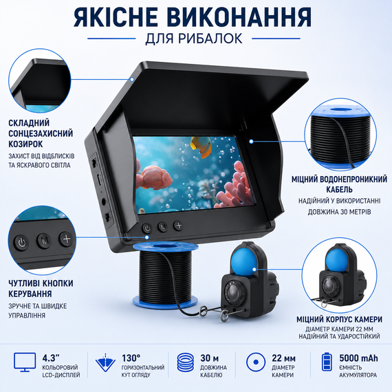 Підводна камера AOERWEI для риболовлі 4.3", LCD-дисплей, 5000 мАг, кабель 30 м— Ехолот для зимової риболовлі під лід | Зображення 1