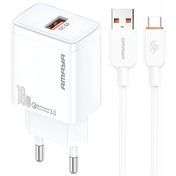 МЗП Amaya E59S QC3.0 18W (1USB-A) + кабель USB to Type-C White