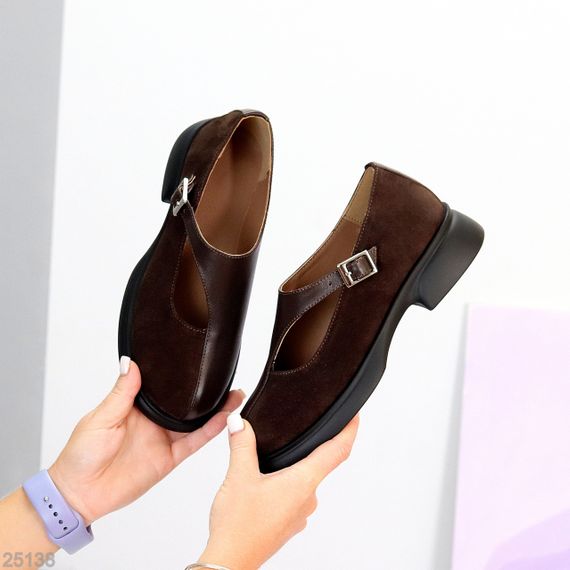 Дизайнерські шоколадні туфлі натуральна шкіра + замша низький хід | Зображення 2