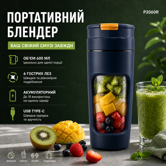 Портативный блендер P2060R на 600 мл, Tritan BPA-free, аккумуляторный с 4 лезвиями, USB Type-C, темно - синий