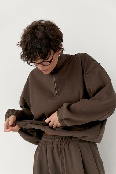 Зимовий однотонний спортивний костюм із затяжками - коричневий цвет, M (є розміри) | Зображення 2