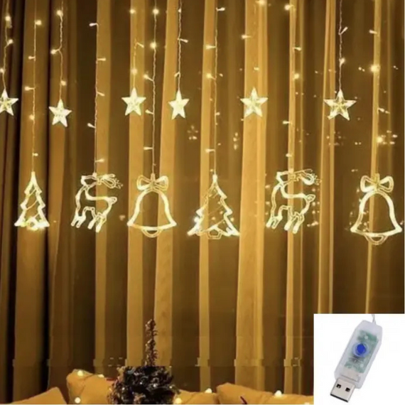 Новорічна світлодіодна гірлянда штора, святкова світлодіодна гірлянда штора мікс LED-завіса з фігурами знижка | Зображення 1