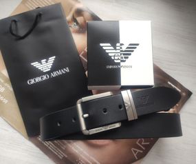Кожаный мужской ремень Armani black в фирменном пакете