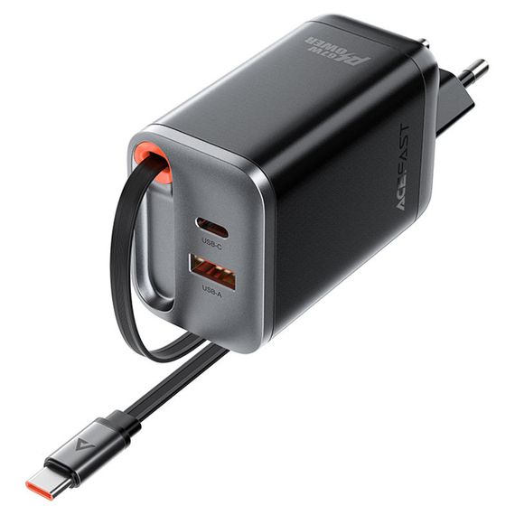 СЗУ Acefast A111 GaN With Retractable Cable Type-C PD67W (1USB-A/1C) Black | Зображення 2