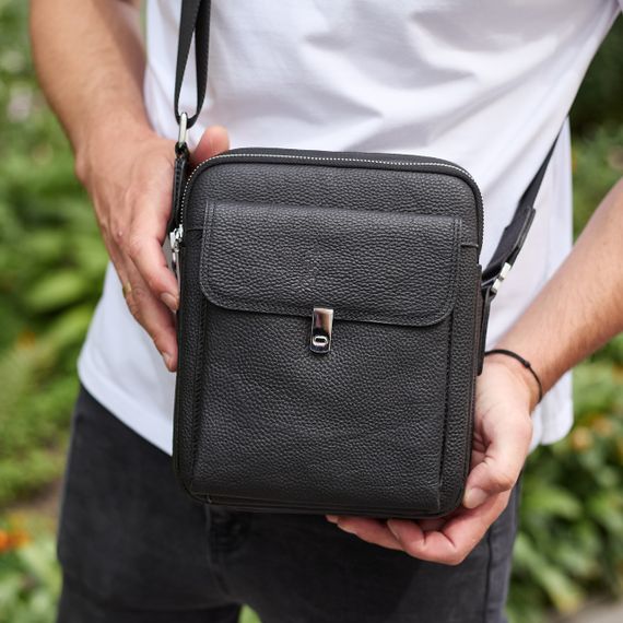 Сумка-барсетка чоловіча шкіряна 24х20х8, компактний месенджер для щоденного використання, чорна | Зображення 4