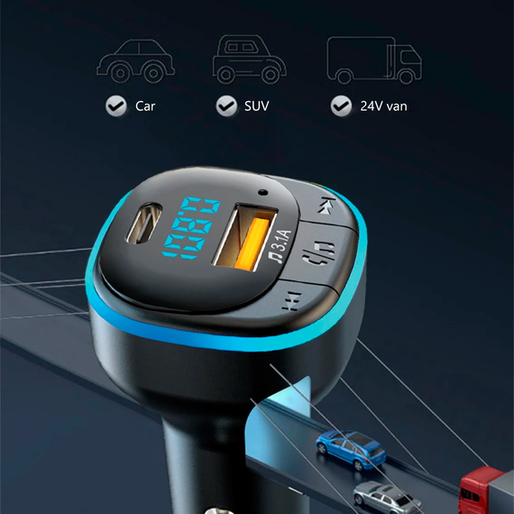 Автомобильный FM ФМ модулятор Terra С33, Bluetooth 5.0, трансмиттер, вольтметр, USB 3.1А, Type C | Зображення 2