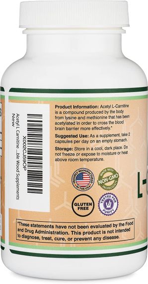 Ацетил L-карнитин Double Wood Acetyl L-Carnitine 1000 mg (на 2 капсули), 150caps | Зображення 2