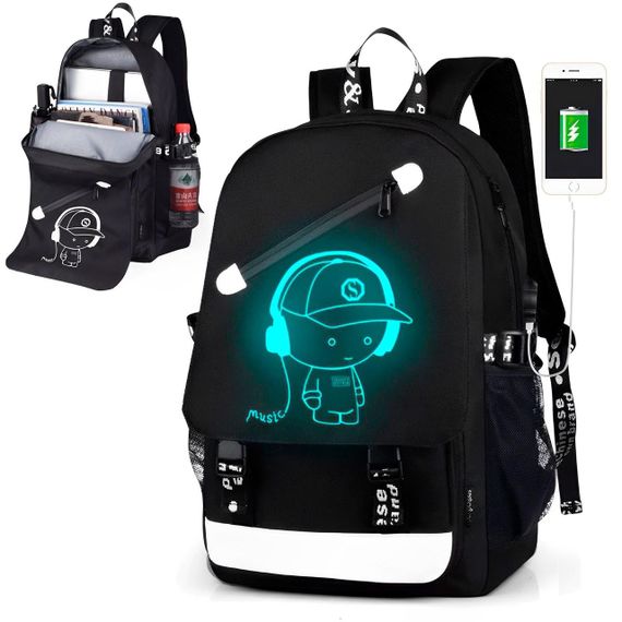 Молодежный рюкзак с USB, (46х30х15), светящийся в темноте / Светоотражающий школьный рюкзак на 5-11 класс
