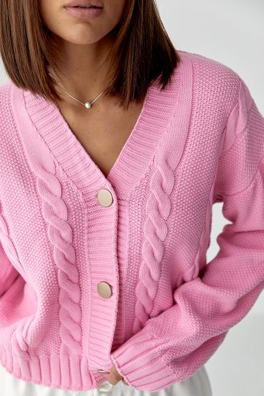 Короткий в'язаний кардиган з косичками - рожевий цвет, ONE SIZE (є розміри) | Зображення 3