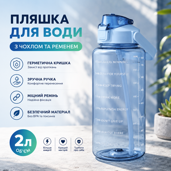 Спортивная бутылка для воды 2000 мл (2л) с защитным чехлом и ремешком, Голубая | Зображення 2