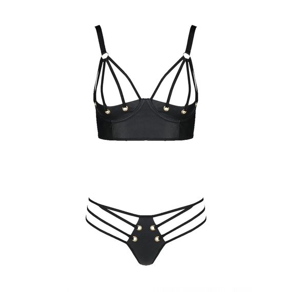 Комплект з екошкіри Passion MALWIA BIKINI 4XL/5XL black, з люверсами та ремінцями, бра, трусики | Зображення 2